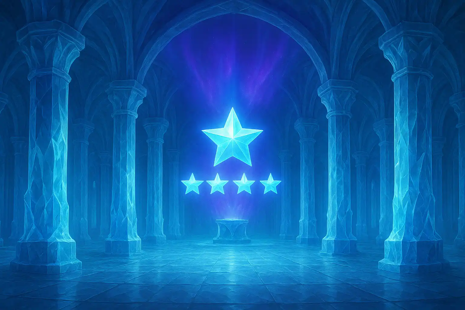 Ice-carved casino hall at Betarctica with aurora light reflecting off crystal pillars